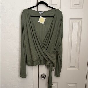 white birch Sage Green Ribbed Wrap Long Sleeve Top